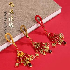 Guochao vintage enamel colorful sand gold keychains couple pendants, Cloisonné blue bag small charms